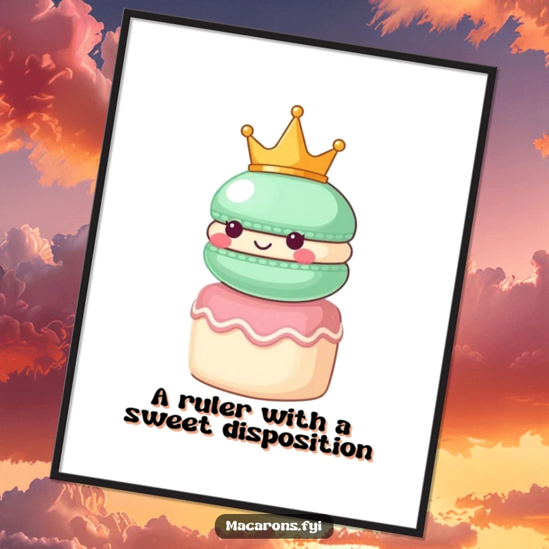 Funny Free Printable Wall Art: A macaron wearing a small crown, looking regal atop a tiny cake, exuding elegance.