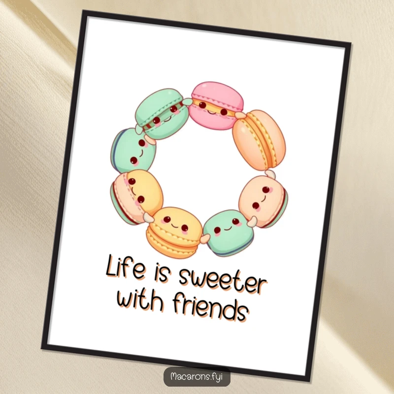Funny Free Printable Wall Art: A circle of ecstatic macarons holding hands and enthusiastically spinning in joyful dance.