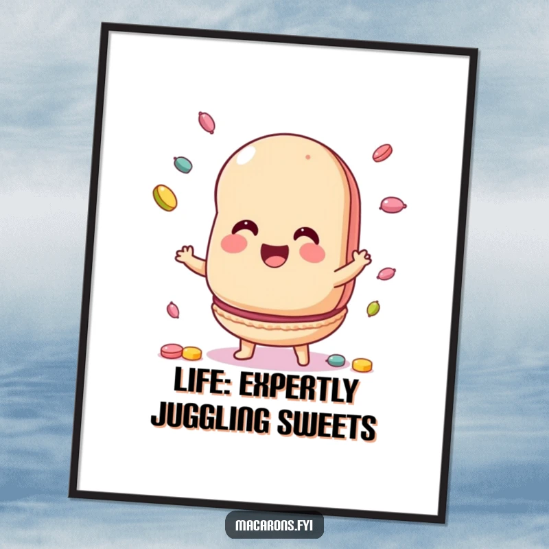 Funny Free Printable Wall Art: A delighted macaron skillfully juggling an assortment of colorful candy pieces.