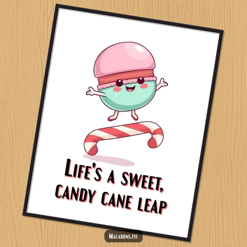Funny Free Printable Wall Art: An energetic macaron joyfully leaping over a large, striped loop-de-loop candy cane.