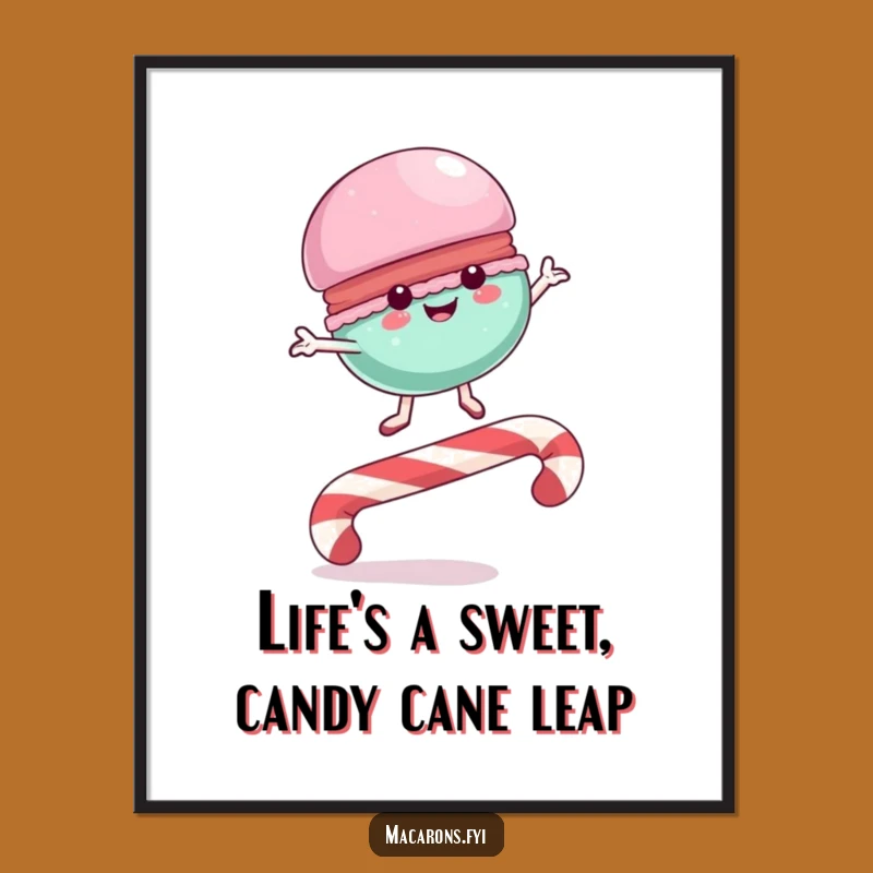 Funny Free Printable Wall Art: Leaping Macaron Candy Cane Art Downloadable Gift