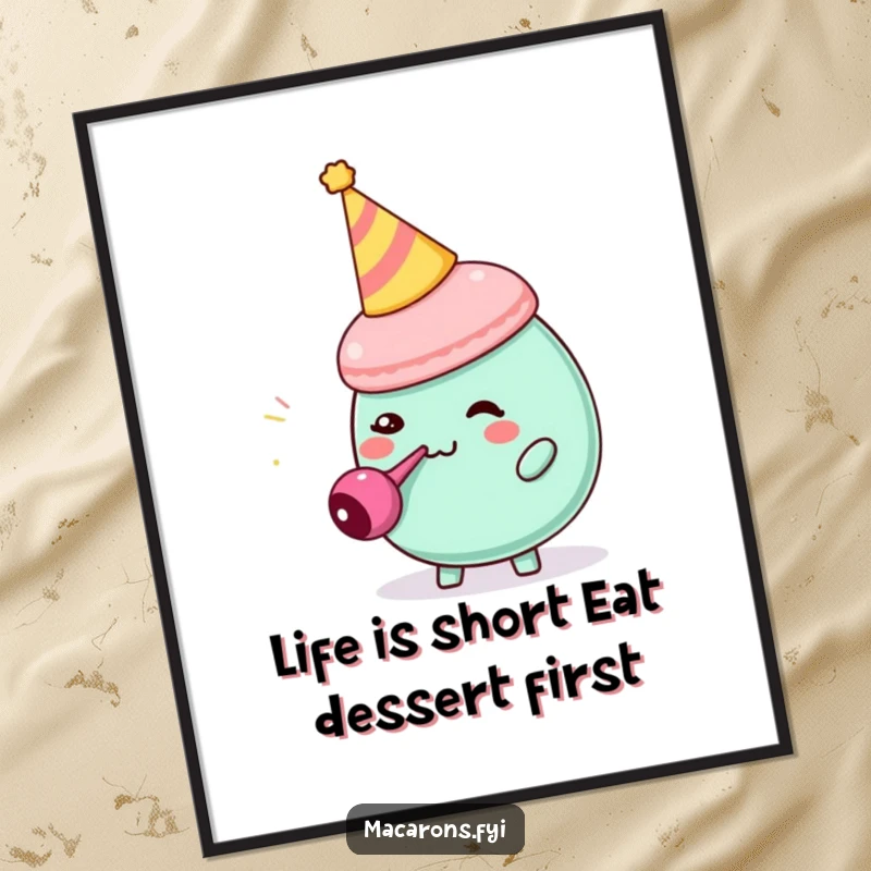 Funny Free Printable Wall Art: A macaron in a party hat comically blowing a tiny party blower, exuding party vibes.