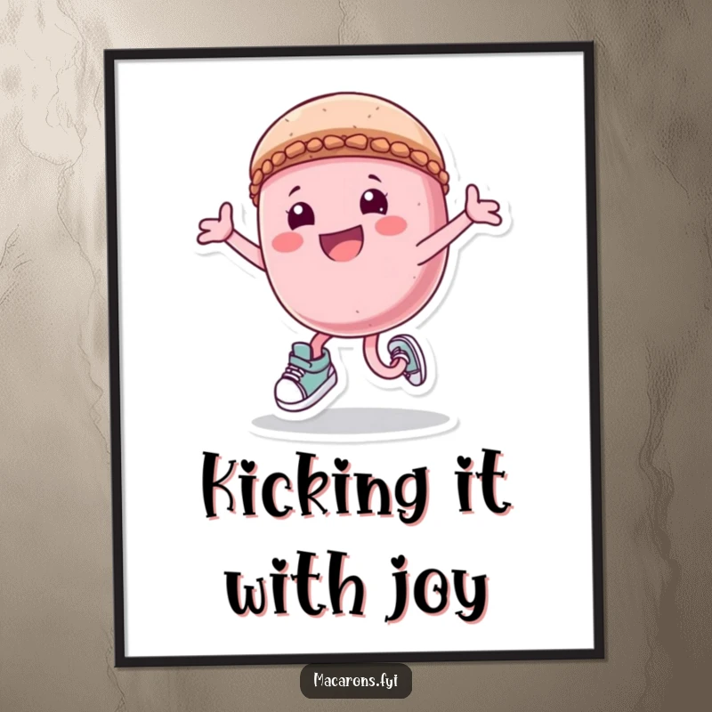 Funny Free Printable Wall Art showcasing a macaron character in tiny sneakers, captured mid-leap with sheer joy.