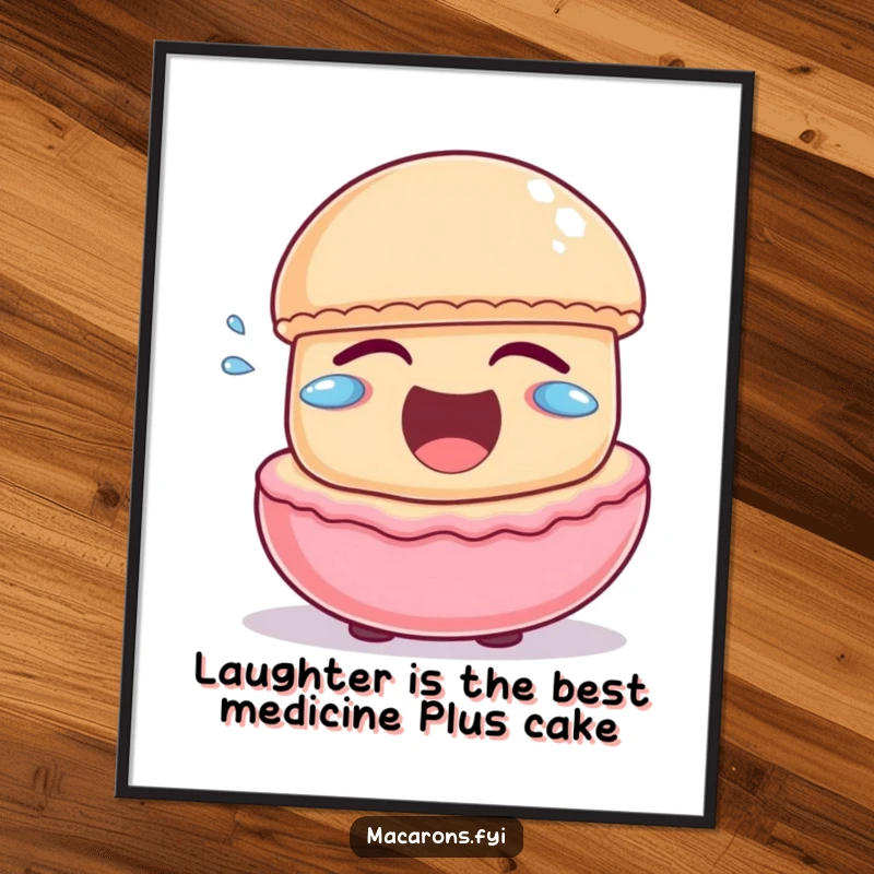 Funny Free Printable Wall Art: A macaron laughing heartily, with little joyful tears escaping, radiating pure happiness.