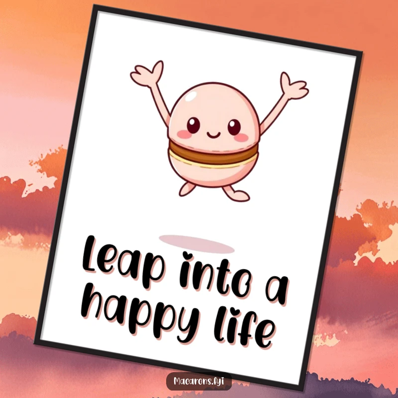 Funny Free Printable Wall Art of a kawaii macaron character leaping high into the air with arms outstretched in pure happiness.