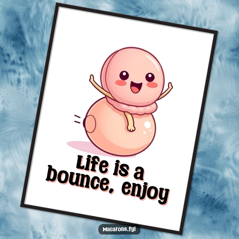 Funny Free Printable Wall Art of a peppy macaron character excitedly bouncing on a small ball, radiating joy and playful energy.