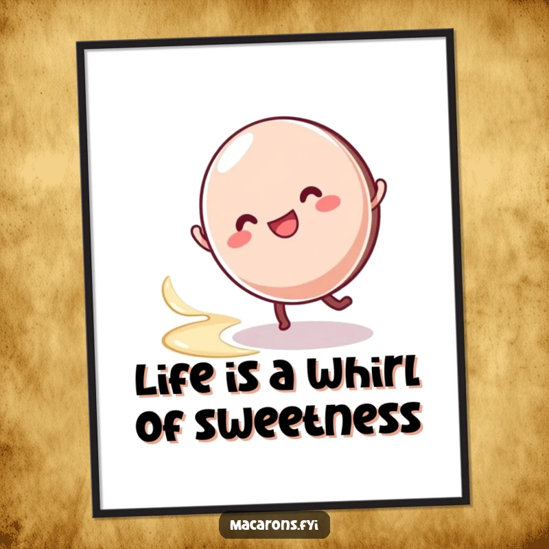 Funny Free Printable Wall Art: Energetic macaron mid-cartwheel, leaving a playful cream swirl. A downloadable burst of joy.