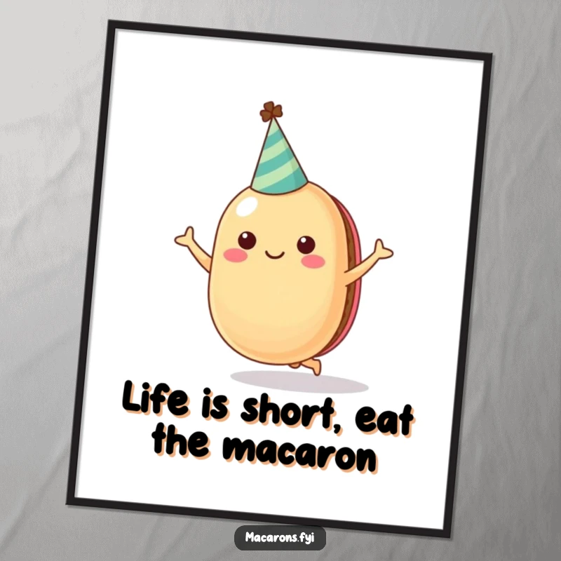 Funny Free Printable Wall Art of a cheerful macaron character in a party hat, jumping with pure joy and vibrant colors.