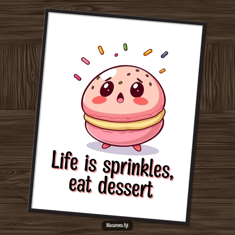 Funny Free Printable Wall Art: A colorful macaron gasps in surprise as sprinkles rain down, adding humor to decor.