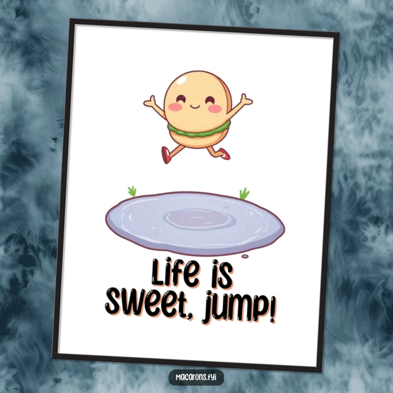 Funny Free Printable Wall Art of a single macaron character joyfully leaping over a tiny puddle.