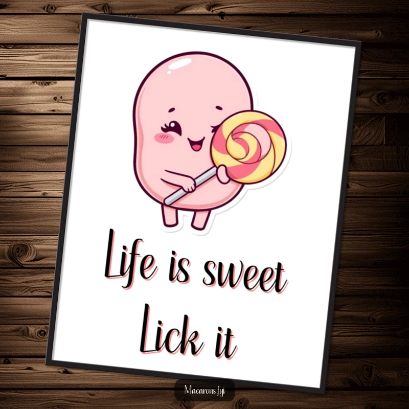 Funny Free Printable Kawaii Macaron Wall Art: A kawaii macaron character winks while holding a giant lollipop, sweet downloadable art for decor.