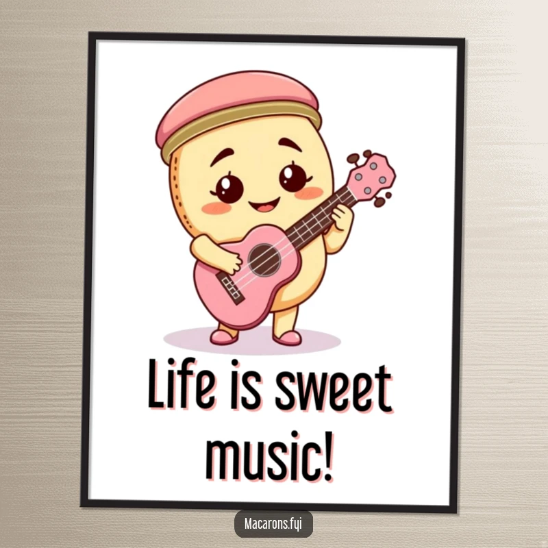 Funny Free Printable Wall Art: Goofy macaron character playing a tiny ukulele with great enthusiasm, a musical delight.
