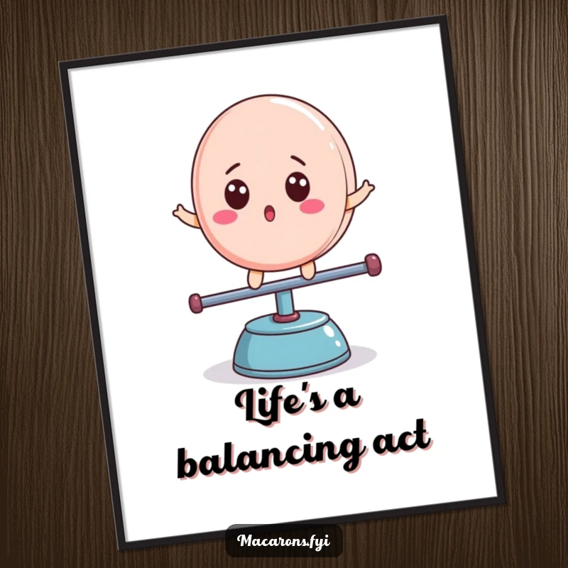 Funny Free Printable Wall Art: A macaron character with a surprised expression, precariously balanced on a teeter-totter.