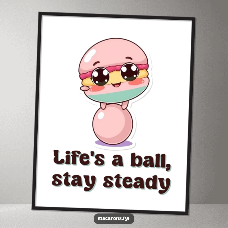 Funny Free Printable Wall Art: A big-eyed macaron character comically balancing on a tiny ball, full of personality.