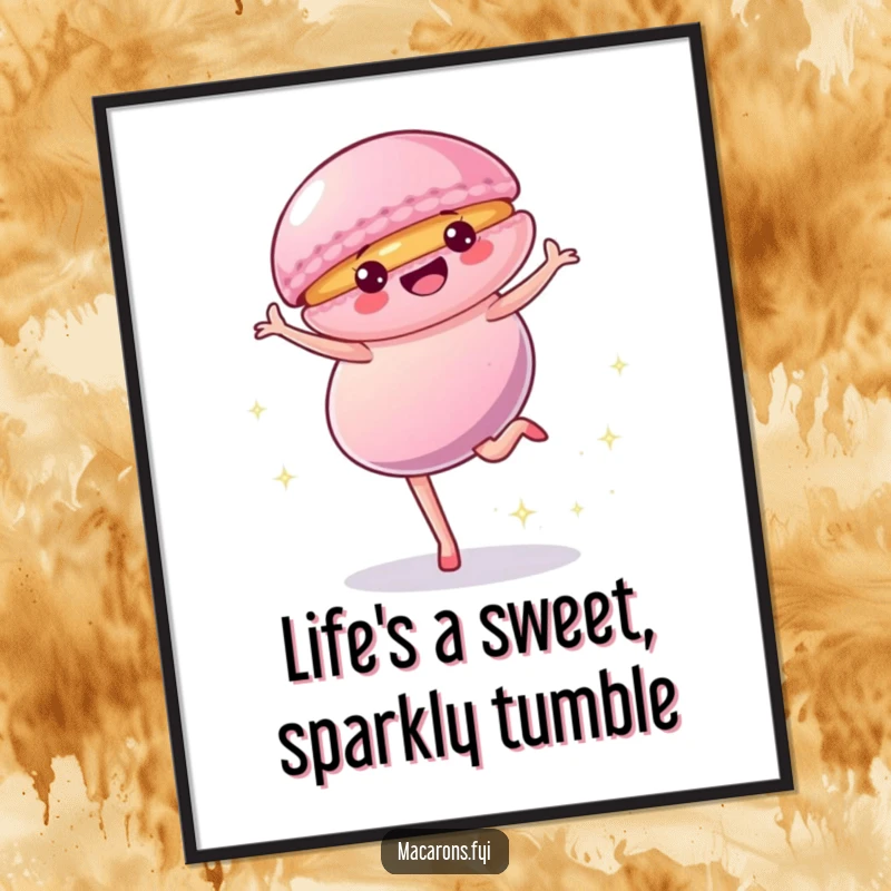 Funny Free Printable Wall Art: A dynamic macaron character executing a cartwheel with dazzling sparkles, bringing energy.
