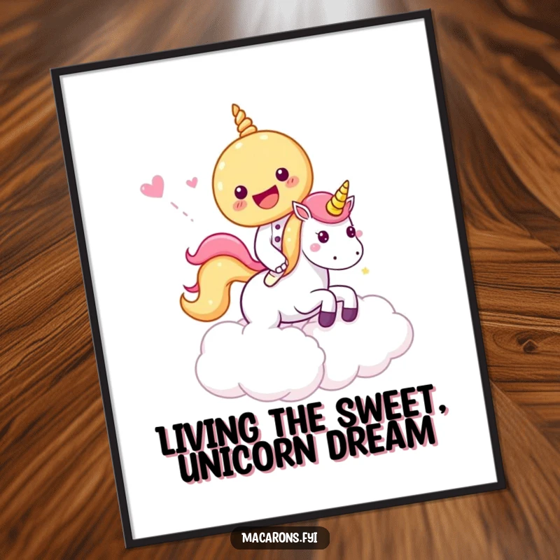 Funny Free Printable Wall Art: An excited macaron rides a tiny unicorn through a soft, colorful candy cloud.