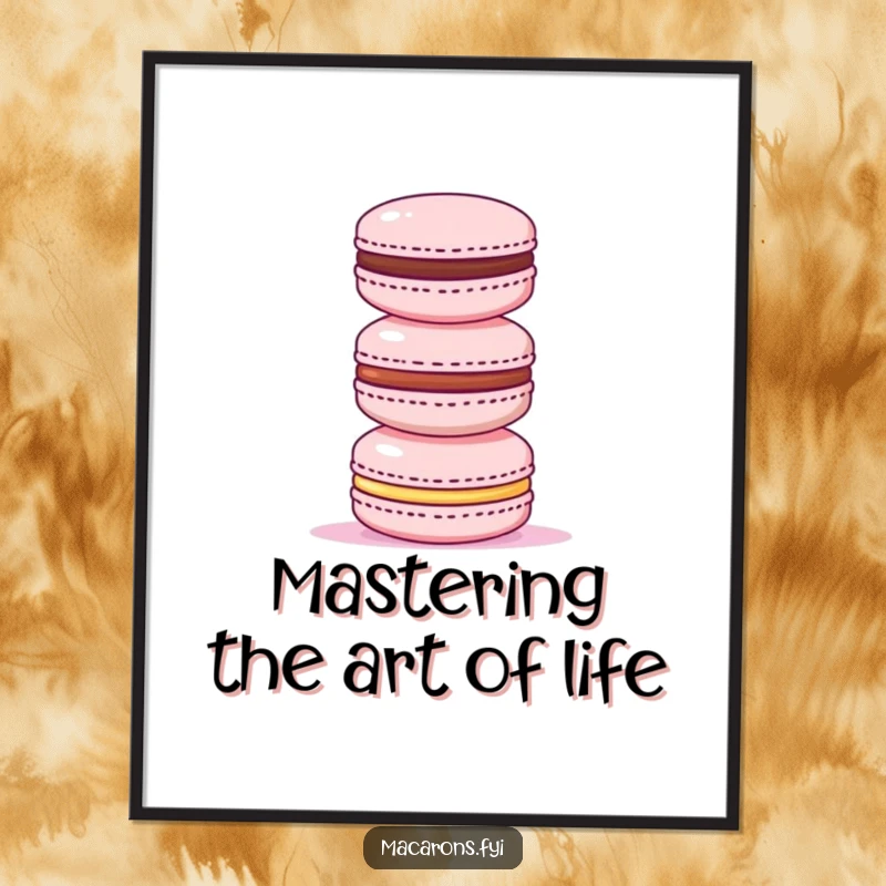 Funny Free Printable Wall Art showing a determined macaron triumphantly stacking smaller macarons, a unique piece of downloadable art.