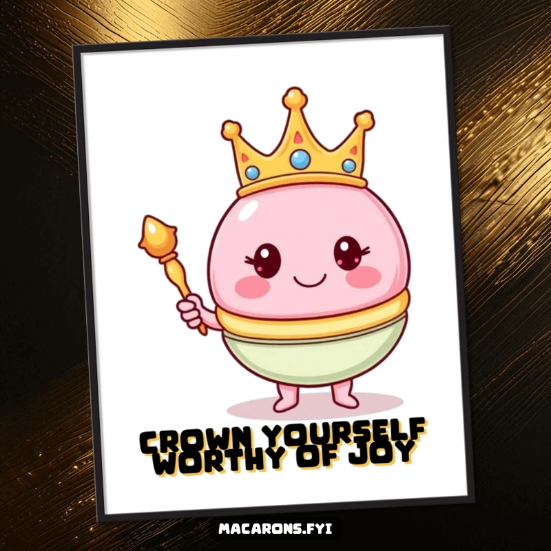 Funny Free Printable Wall Art: A smiling macaron wearing a tiny crown and holding a golden scepter, a regal downloadable art.