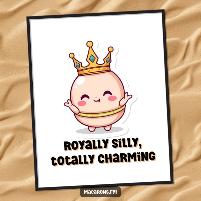 Funny Free Printable Wall Art: Cute macaron character wearing a tiny crown, striking a comically regal and funny pose.