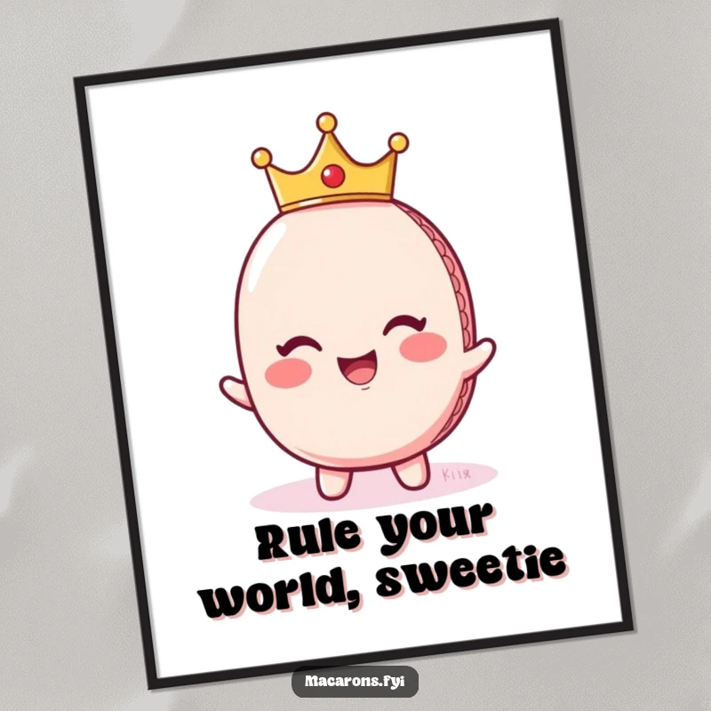 Funny Free Printable Wall Art of a giggling macaron character wearing a tiny crown, looking regal and sophisticated with a hint of mischief.
