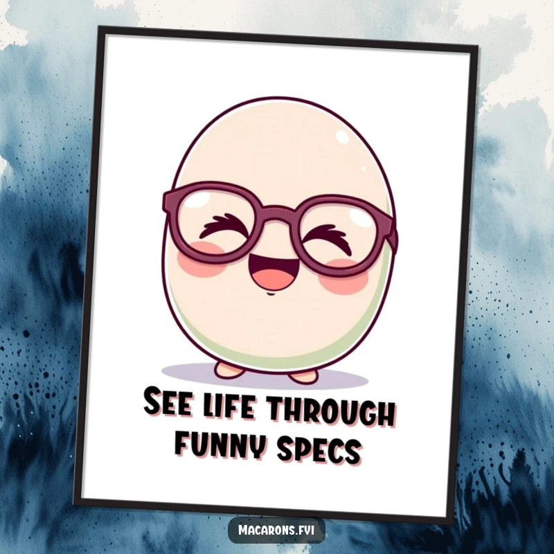 Funny Free Printable Wall Art: Adorable macaron character with oversized, silly glasses, caught in a fit of giggles.