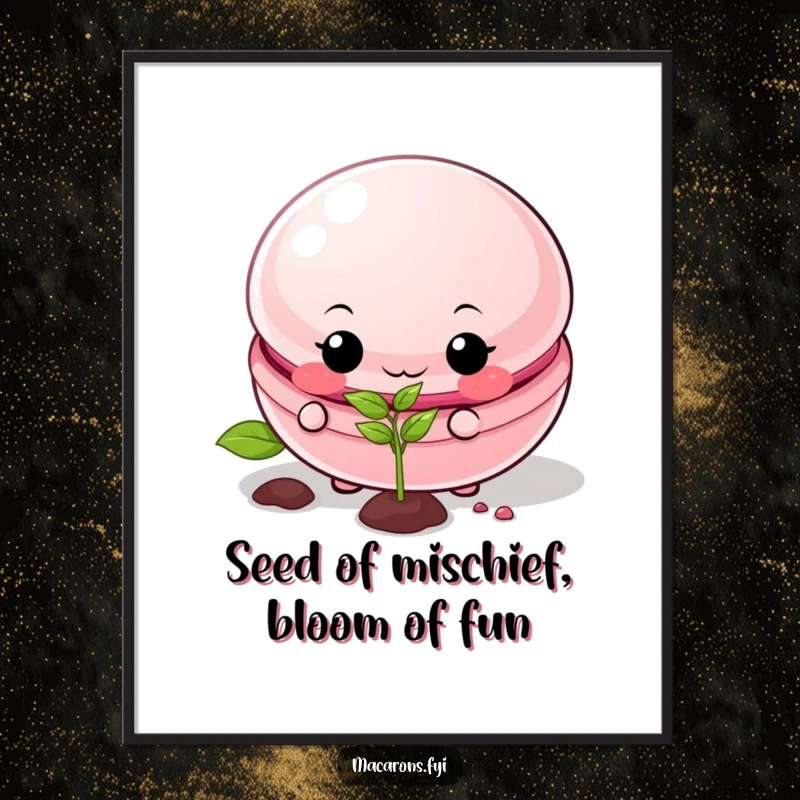 Funny Free Printable Wall Art: Mischievous macaron character grinning while planting a tiny seed, a humorous and charming printable.