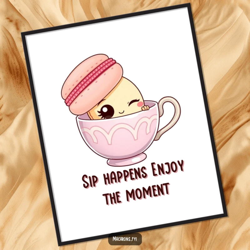 Funny Free Printable Wall Art: A macaron peeking from behind a giant teacup, offering a charming wink, adding whimsy.