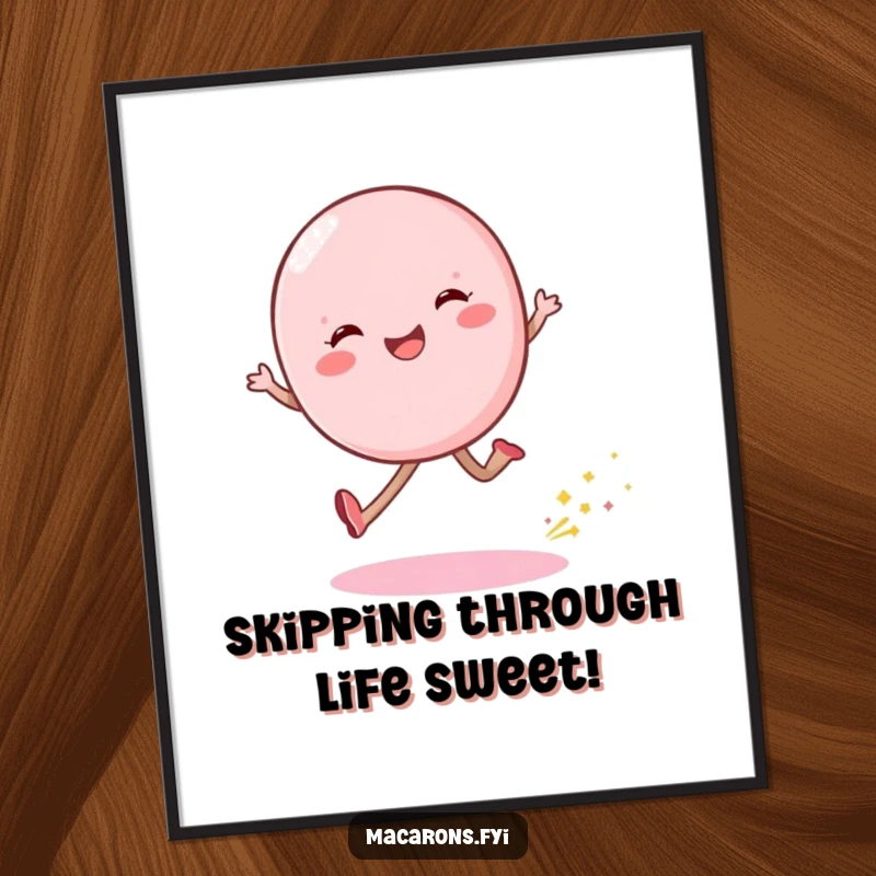 Funny Free Printable Wall Art: Macaron character joyfully skipping, leaving a trail of shimmering dust, adding sweetness.