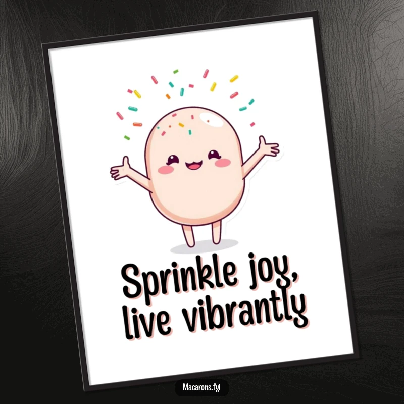 Funny Free Printable Wall Art: Adorable macaron catches a joyful rain of colorful sprinkles, whimsical decor.