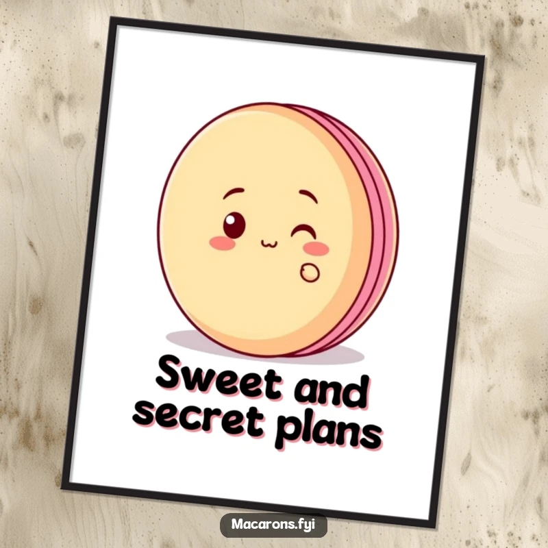 Funny Free Printable Wall Art featuring a macaron character peeking with a cheeky grin from behind a gigantic macaron.