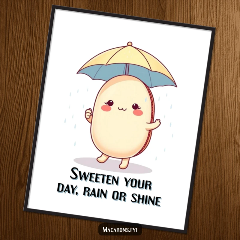 Funny Free Printable Wall Art: Whimsical macaron holding an umbrella, dancing playfully in a delightful sugar shower. A sweet downloadable.