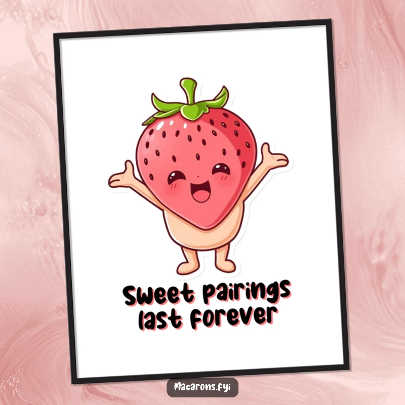Funny Free Printable Wall Art: A macaron character joyfully embracing a giant strawberry with arms wide open, a sweet downloadable art.