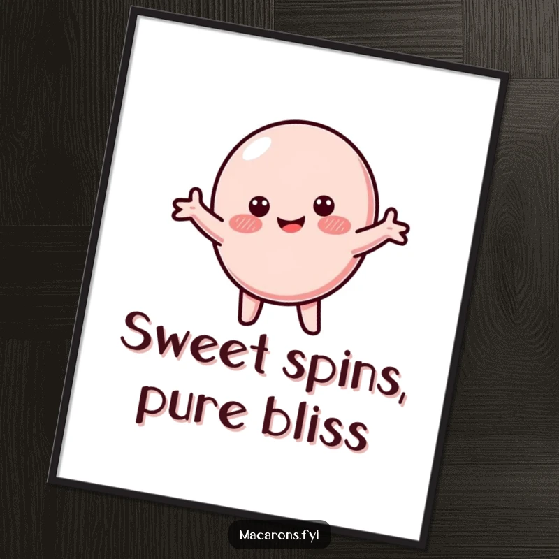 Funny free printable wall art of a macaron character with a happy blush, spinning in a circle with arms wide open.
