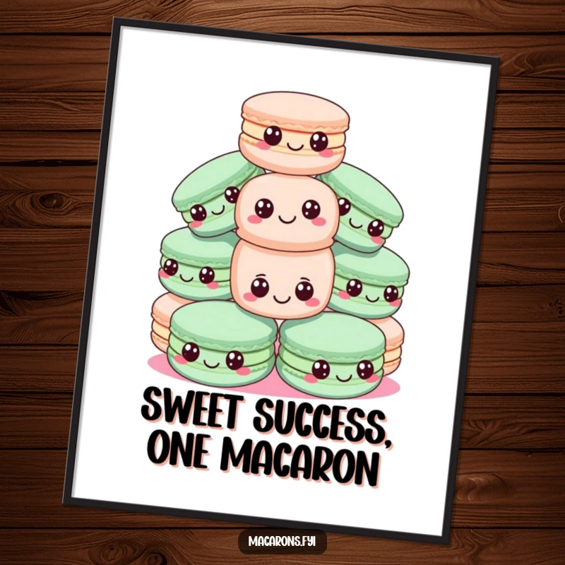 Funny Free Printable Wall Art: A pyramid of happy macarons, one teetering, creates a whimsical and humorous scene.