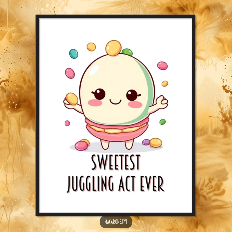 Funny Free Printable Wall Art: Macaron character with a wide smile juggling small, colorful candies, a vibrant and cheerful piece.