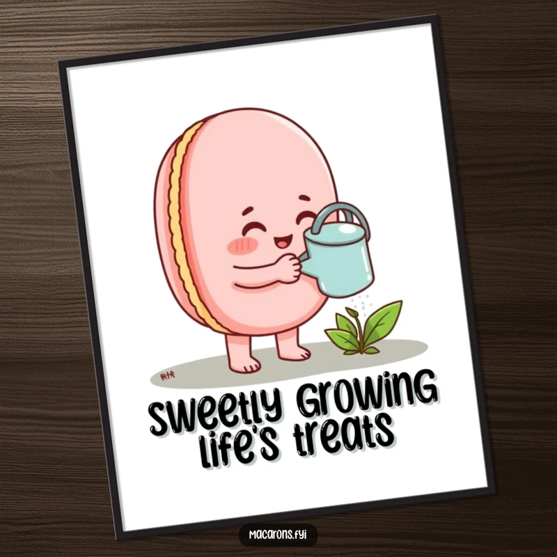 Funny Free Printable Macaron Wall Art: A macaron character enthusiastically waters a small growing sprout with a tiny watering can.