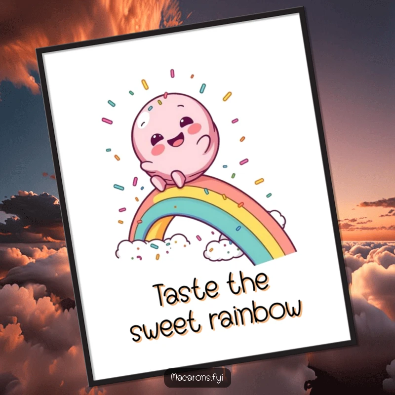 Funny free printable wall art of a macaron character gleefully sliding down a vibrant rainbow into a fluffy cloud of sprinkles.