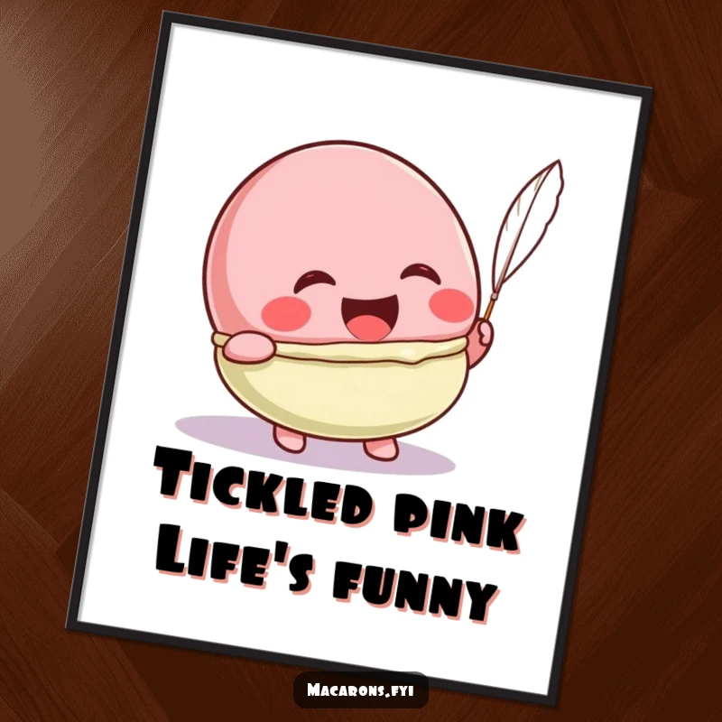 Funny Free Printable Kawaii Macaron Wall Art: A kawaii macaron character laughs heartily while being tickled by a feather, joyful downloadable art.