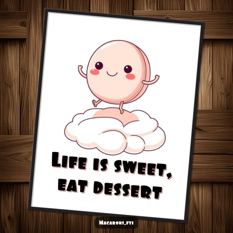 Funny Free Printable Wall Art: A cute macaron with legs joyfully bouncing on a fluffy cream cloud, a sweet downloadable art.