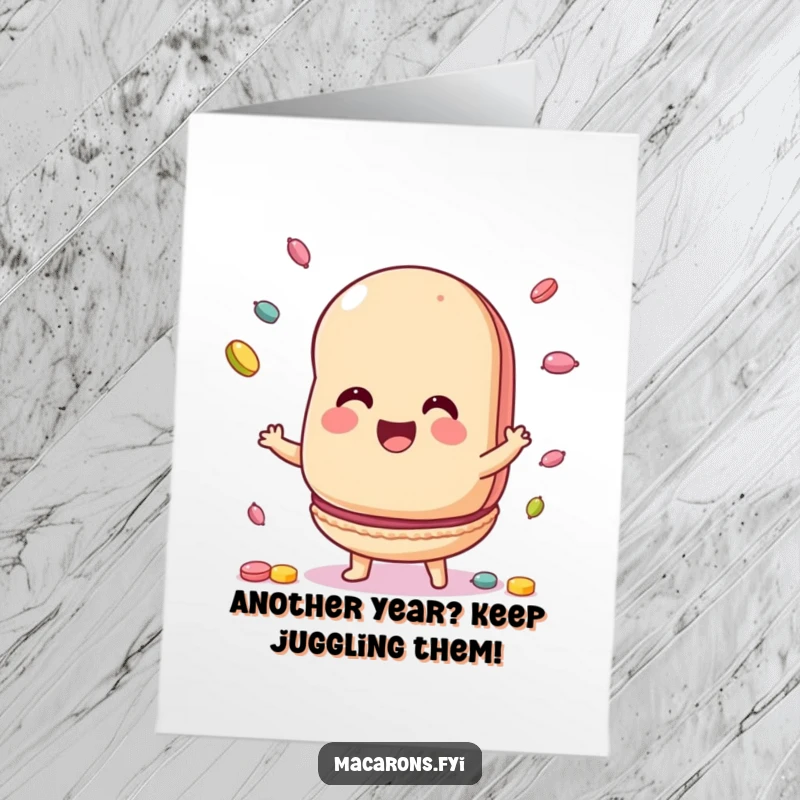 Funny Free Printable Birthday Card: A happy macaron juggling colorful candy with a wide smile, celebrating.