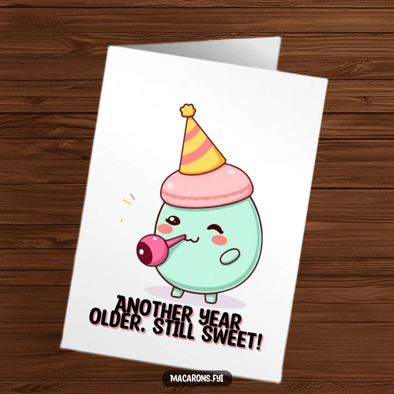 Funny Free Printable Birthday Card: A macaron in a party hat comically blowing a tiny party blower, spreading joy.