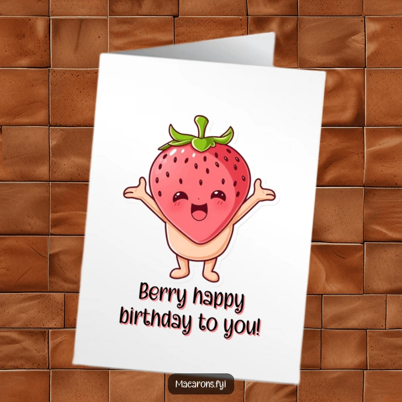 Free Printable Birthday Card: A macaron character embracing a giant strawberry with arms wide open, a delightful DIY gift.