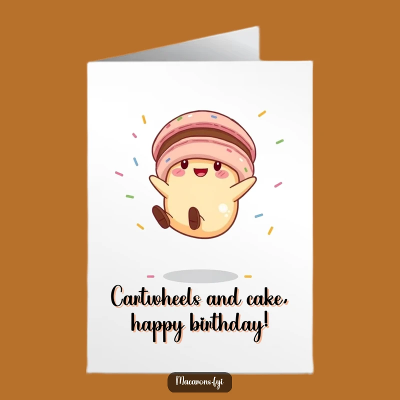 Free Printable Birthday Card: Funny Flying Sprinkles Macaron Cartwheel Design