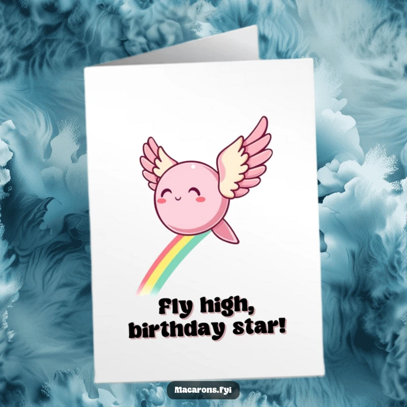 Funny Free Printable Birthday Card: Sweet macaron with angelic wings soaring through the sky, leaving a vibrant rainbow trail.