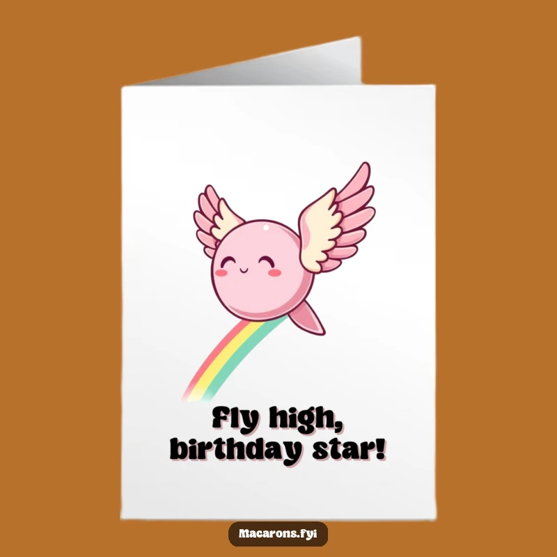 Free Printable Birthday Card: Winged Macaron Soaring Rainbow Trail Funny Downloadable Gift