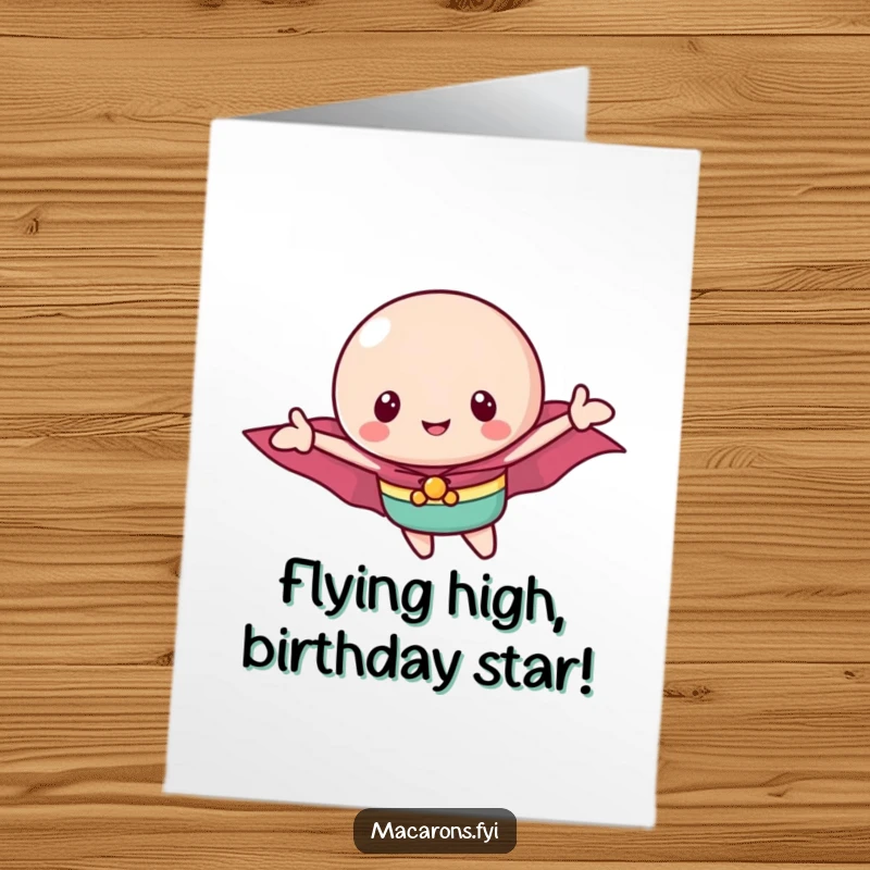 Funny Free Printable Birthday Card featuring a macaron with a cape flying triumphantly, ready for a heroic celebration.