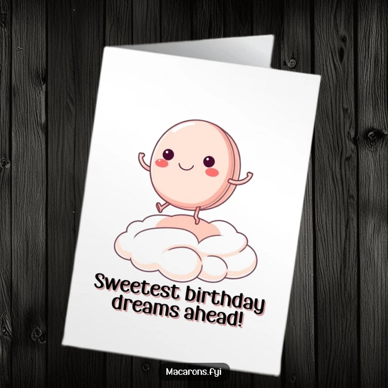 Free Printable Birthday Card: A happy macaron with legs bouncing on a cream cloud, a delightful DIY downloadable gift.