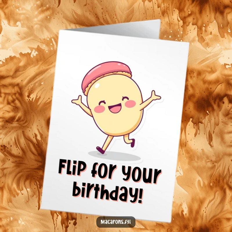 Funny Free Printable Birthday Card: A macaron character performing a cartwheel with a huge, ecstatic grin and great enthusiasm.