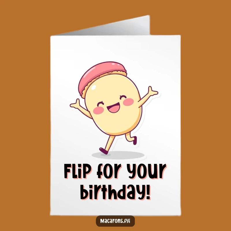 Free Printable Birthday Card: Cartwheeling Macaron, Joyful Downloadable Greeting for Fun-Loving Birthdays