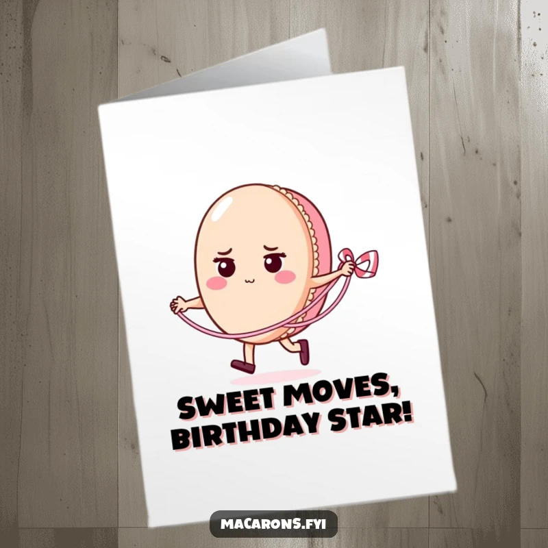 Funny Free Printable Birthday Card: Determined macaron hilariously skips rope with licorice, a playful DIY gift.